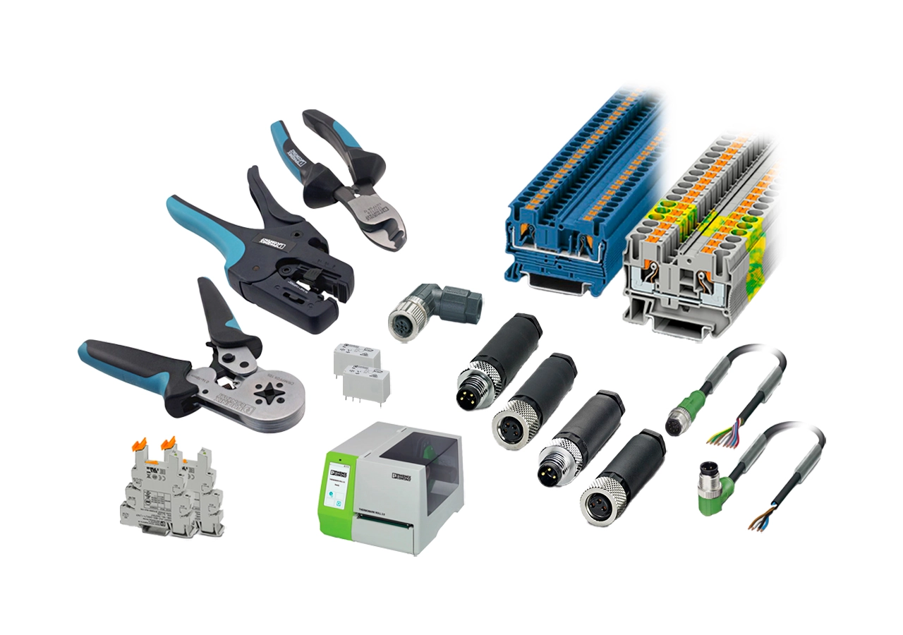 Alguns produtos da Phoenix Contact dispostos na imagem.